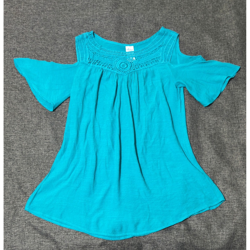Catalina Women L (12-14) Blouse Cold Shoulder Crochet Neck Teal Rayon Blend‎
